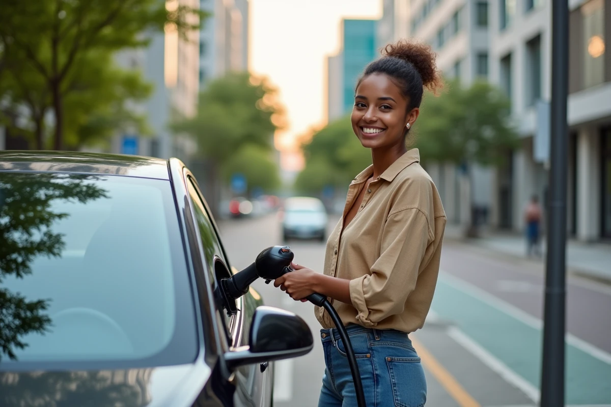 Jeune femme recharge voiture electrique en ville