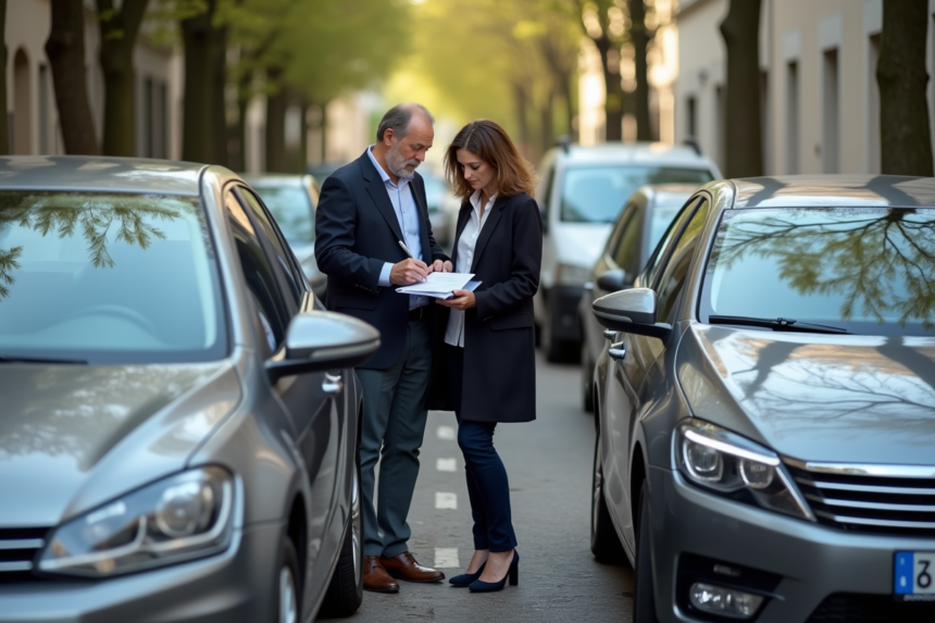 Un couple d'adultes remplissant un constat d'assurance en ville