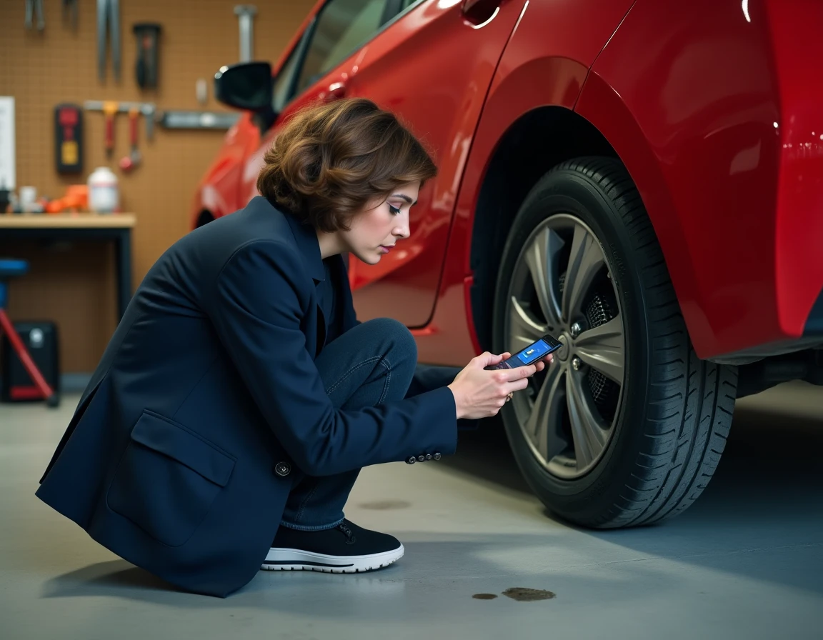 Femme utilisant son téléphone pour détecter un traceur GPS sous une voiture dans un garage