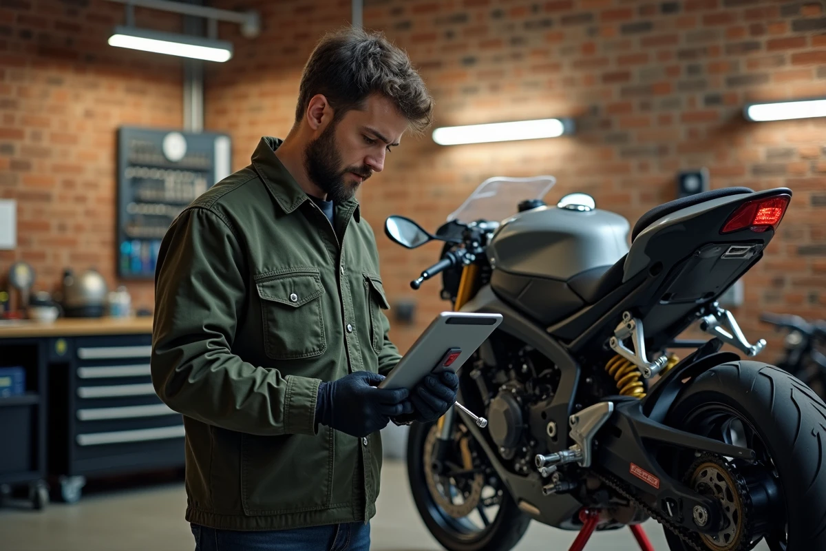 Motard utilisant une clé dynamométrique pour contrôler la tension de chaîne de sa moto dans un atelier maison