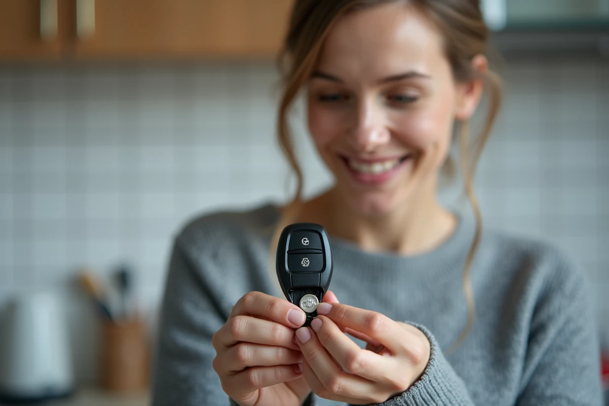 Femme remplaçant la pile CR2032 dans la clé de télécommande d'une Renault Clio 4 dans une cuisine