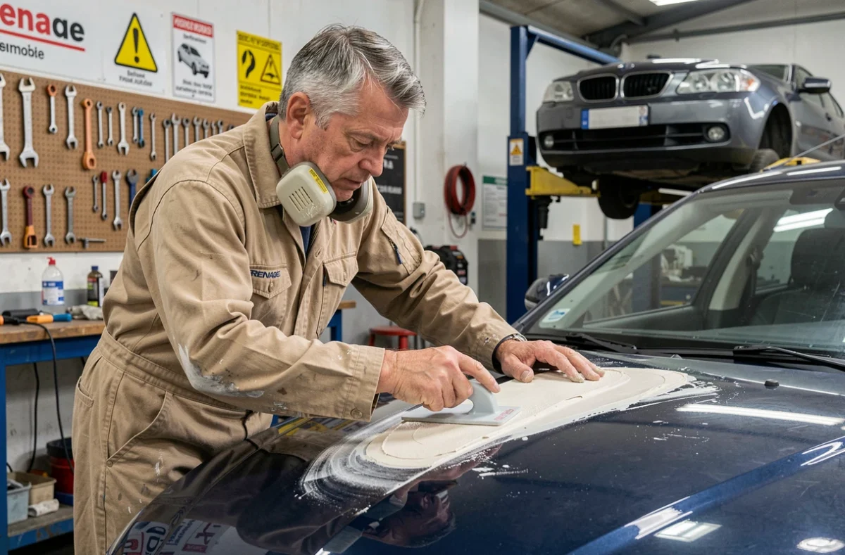 Spécialiste de Renage Automobile appliquant du mastic de carrosserie sur la portière d'une berline bleue dans son atelier en Isère