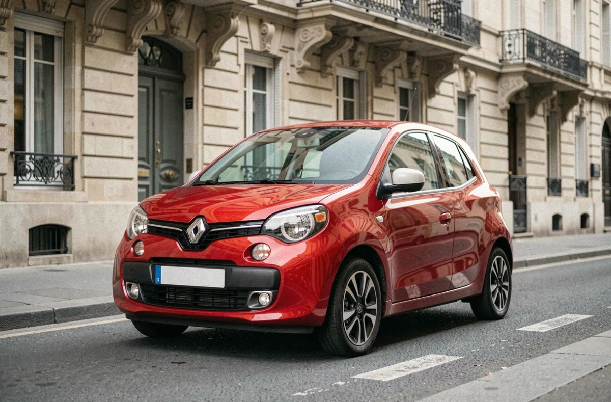 Renault Twingo rouge garée dans une rue parisienne, vue trois quarts avant illustrant le leasing sans apport à 99 euros par mois