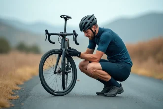 Cycliste réparant un pneu tubeless crevé au bord d'une route rurale en insérant un kit de rustine tubeless