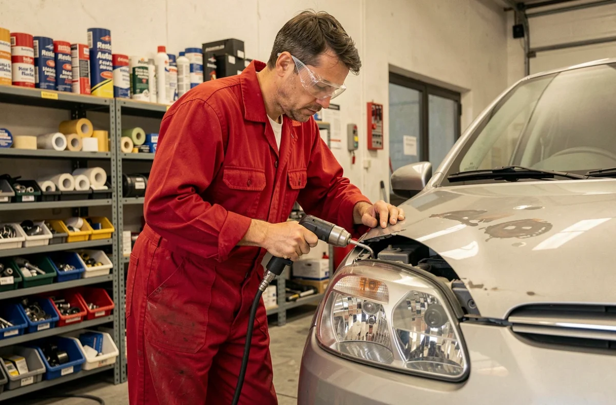 Technicien de Restor Auto 38 utilisant un débosseleur pneumatique sur un pare-chocs endommagé dans un atelier de carrosserie en Isère
