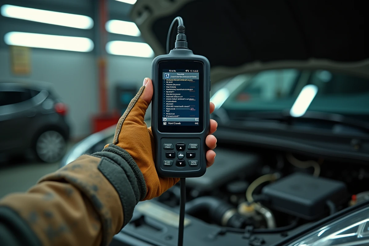 Mécanicien utilisant un scanner de diagnostic professionnel devant le compartiment moteur d'une Renault pour effacer un code défaut 1525F3