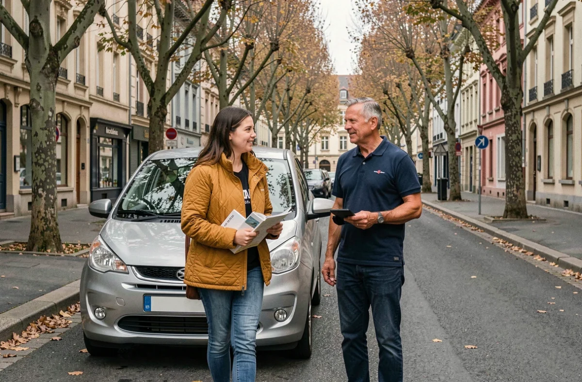 Une élève et son moniteur de la School of Driving Eisen à Montbéliard se dirigeant vers une voiture école sur une avenue arborée