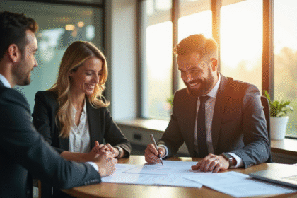 Professionnel signant un document d'assurance dans un bureau lumineux