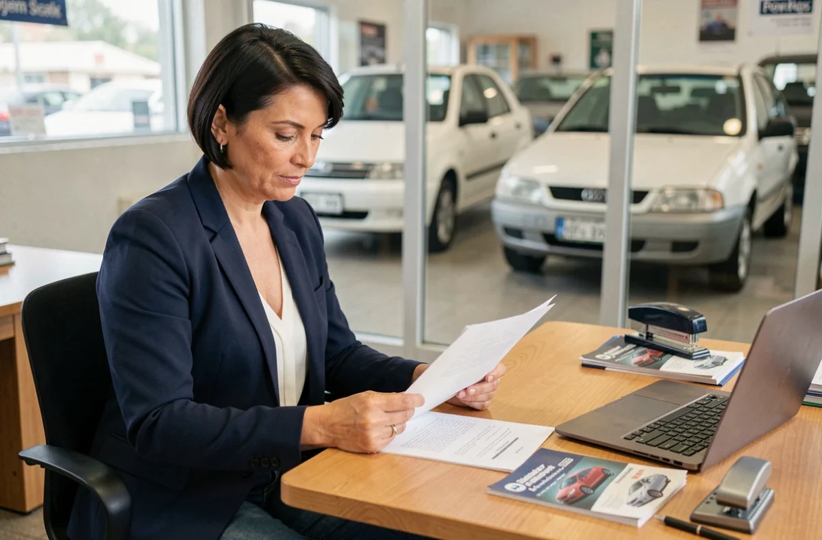 Femme cliente signant les documents d'achat d'une voiture d'occasion dans un bureau de concessionnaire