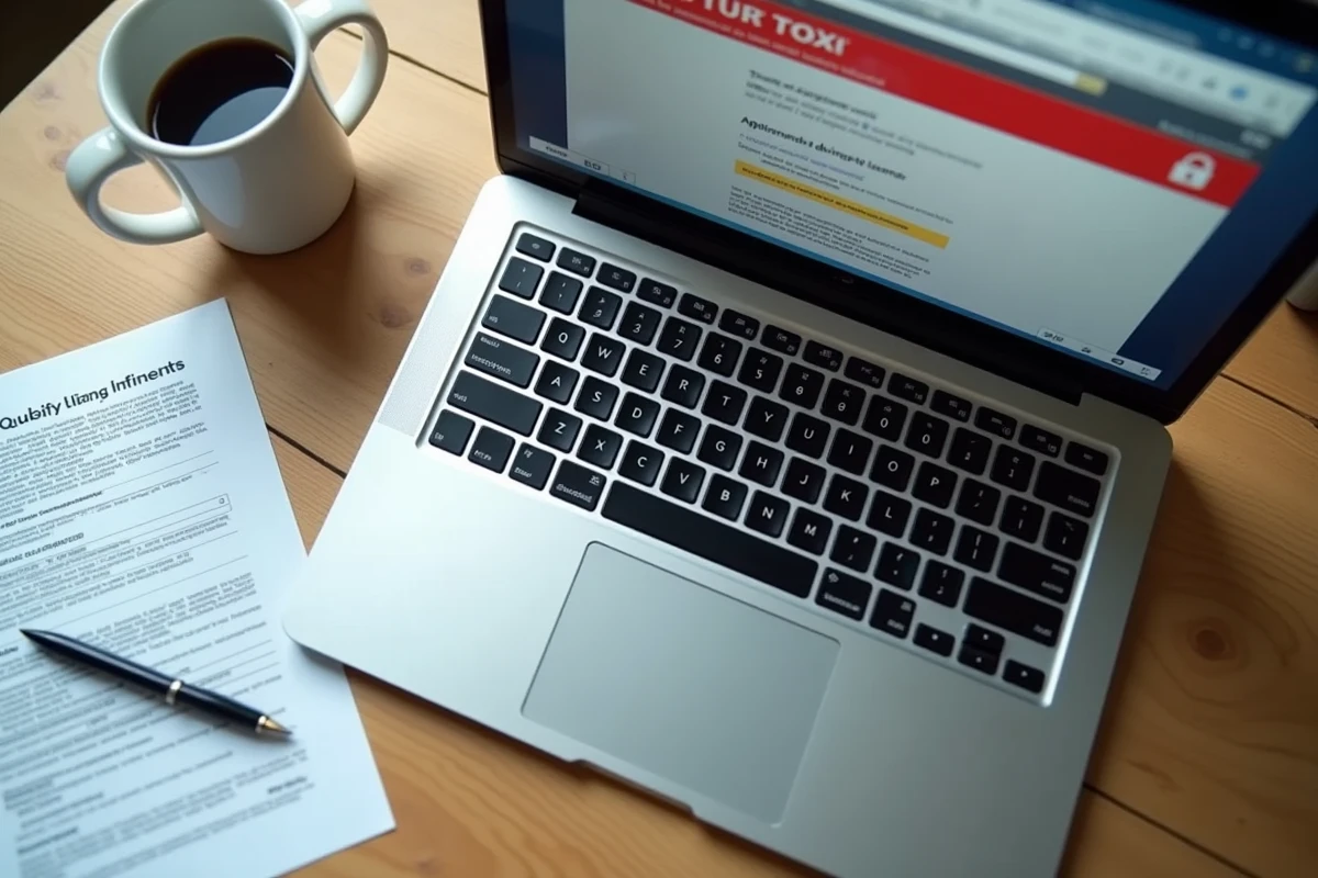 Vue aérienne d'un ordinateur portable affichant un site frauduleux de résultats de permis de conduire avec des documents officiels sur le bureau