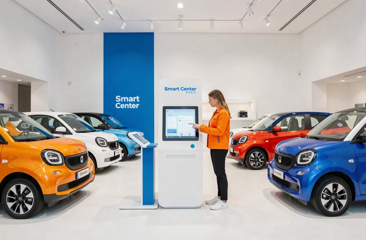 Showroom Smart Center Paris avec voitures électriques compactes et borne de configuration numérique