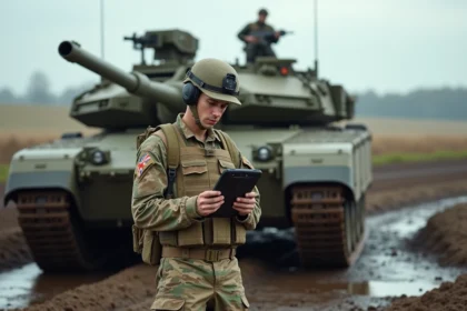 Soldat britannique en camouflage près d’un char Challenger 2