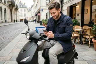 Homme souscrivant une assurance scooter en ligne sur smartphone dans une rue urbaine