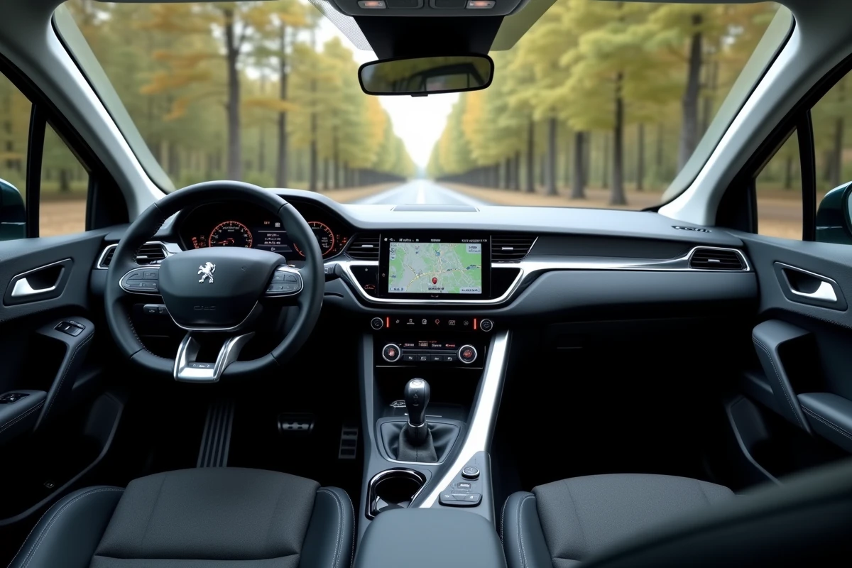 Tableau de bord et vie à bord de la Peugeot 308, vue intérieure avec i-Cockpit et écran tactile central