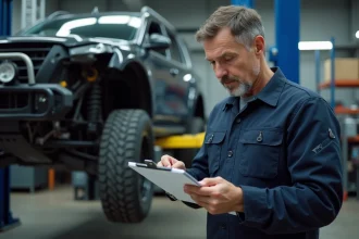 Technicien automobile examinant un procès-verbal de contrôle technique dans un garage professionnel