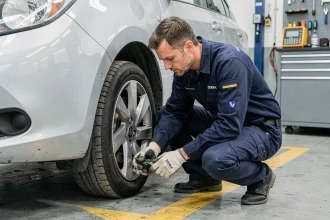 Technicien DEKRA en uniforme inspectant les freins d'une voiture lors d'un contrôle technique professionnel
