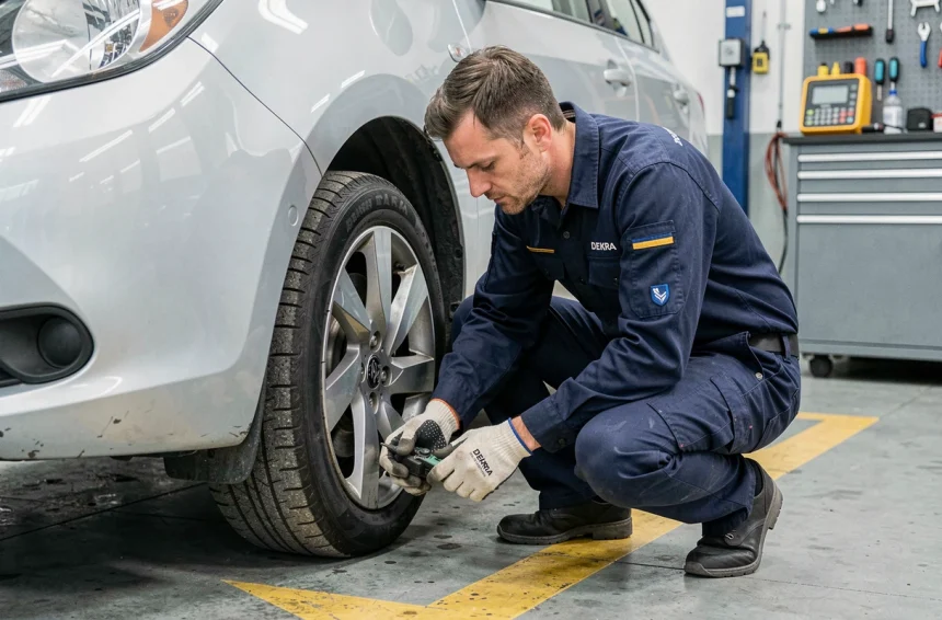Technicien DEKRA en uniforme inspectant les freins d'une voiture lors d'un contrôle technique professionnel