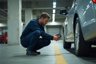 Technicien utilisant un détecteur de traceur GPS sous une voiture dans un parking souterrain