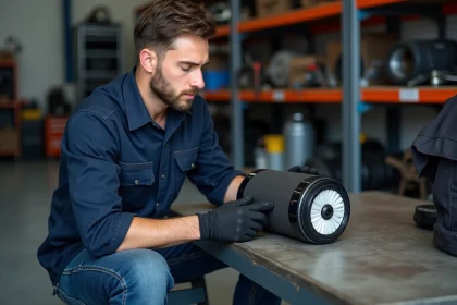 Technicien automobile inspectant un filtre DPF dans un atelier