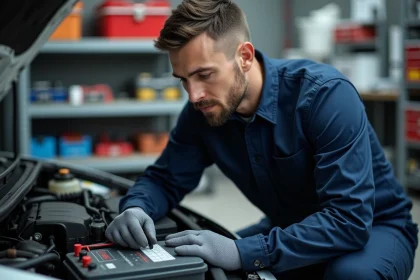 Technicien automobile inspectant une batterie de voiture avec un multimètre dans un atelier professionnel