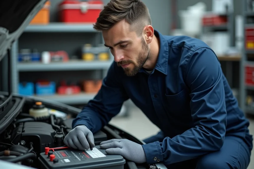 Technicien automobile inspectant une batterie de voiture avec un multimètre dans un atelier professionnel