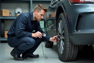Technicien automobile inspectant les marquages d'indice de charge sur le flanc d'un pneu dans un garage