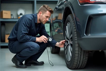 Technicien automobile inspectant les marquages d'indice de charge sur le flanc d'un pneu dans un garage