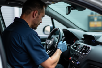 Mécanicien installant un dispositif interlock dans une voiture