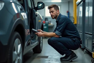 Technicien automobile connectant une valise OBD2 sur un port diagnostic Renault dans un garage indépendant