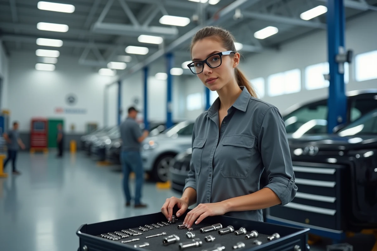 Technicienne automobile en concession choisissant un outil dans un chariot à outils professionnel organisé avec des inserts en mousse dans un atelier moderne
