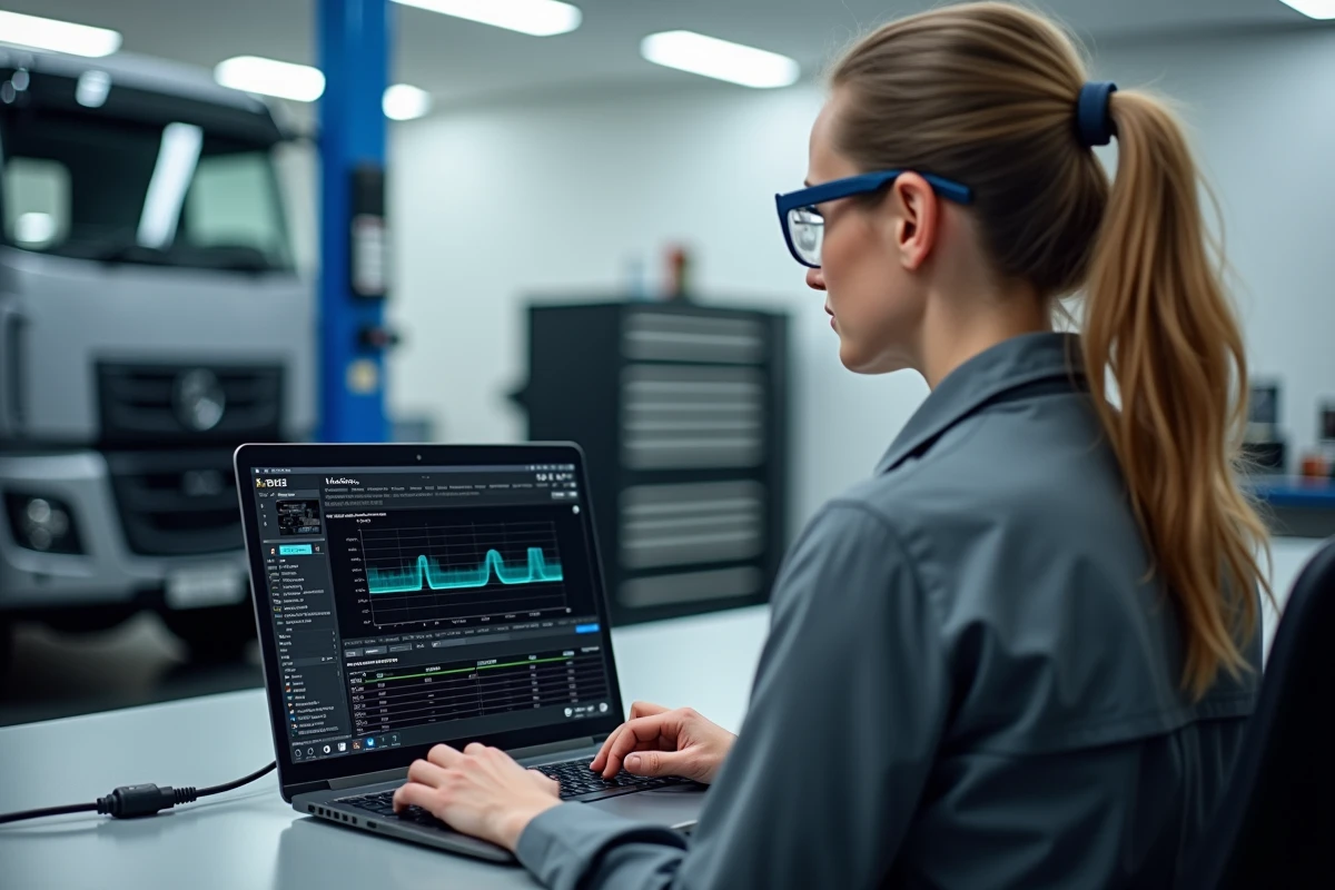 Technicienne automobile analysant les données de diagnostic des injecteurs 1.6 HDi sur logiciel OBD