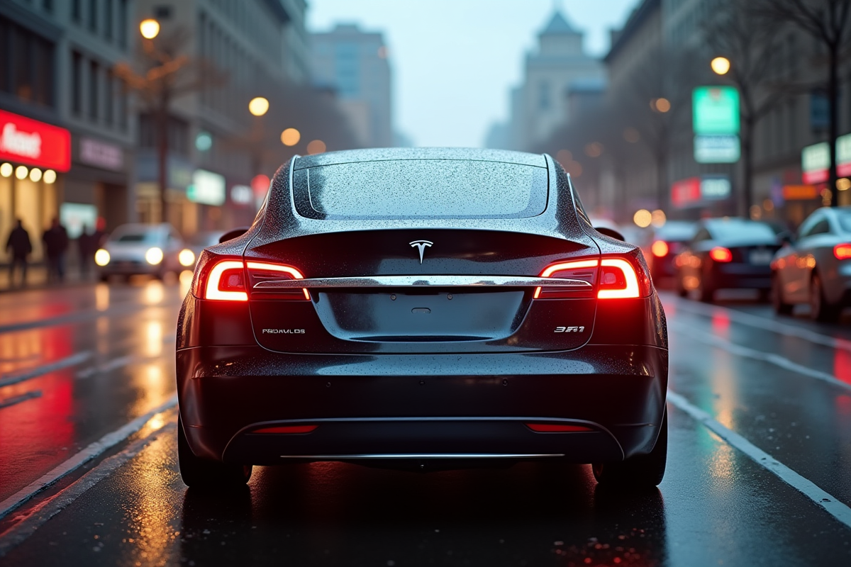 Tesla roulant sous la pluie avec reflets urbains et essuie-glaces