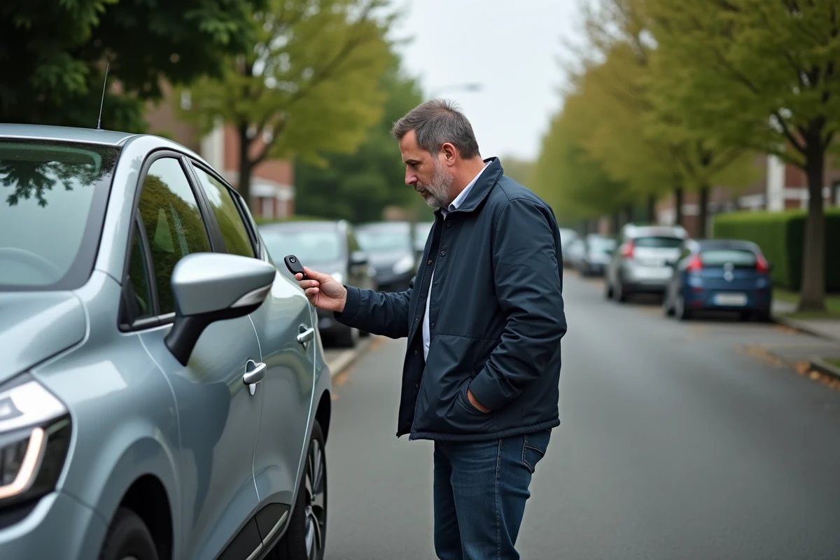 Homme testant la télécommande de sa clé Renault Clio 4 devant la voiture garée dans une rue résidentielle
