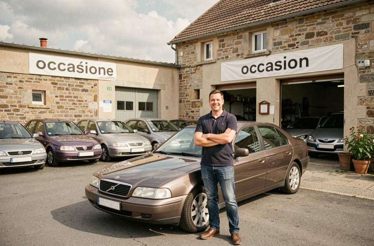 Propriétaire d'un petit garage de voitures d'occasion en Meurthe-et-Moselle devant son stock de véhicules
