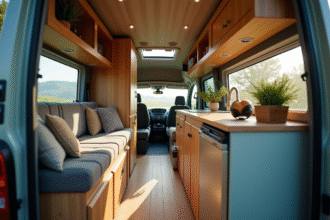 Intérieur d'un van Peugeot Expert aménagé en camping cosy