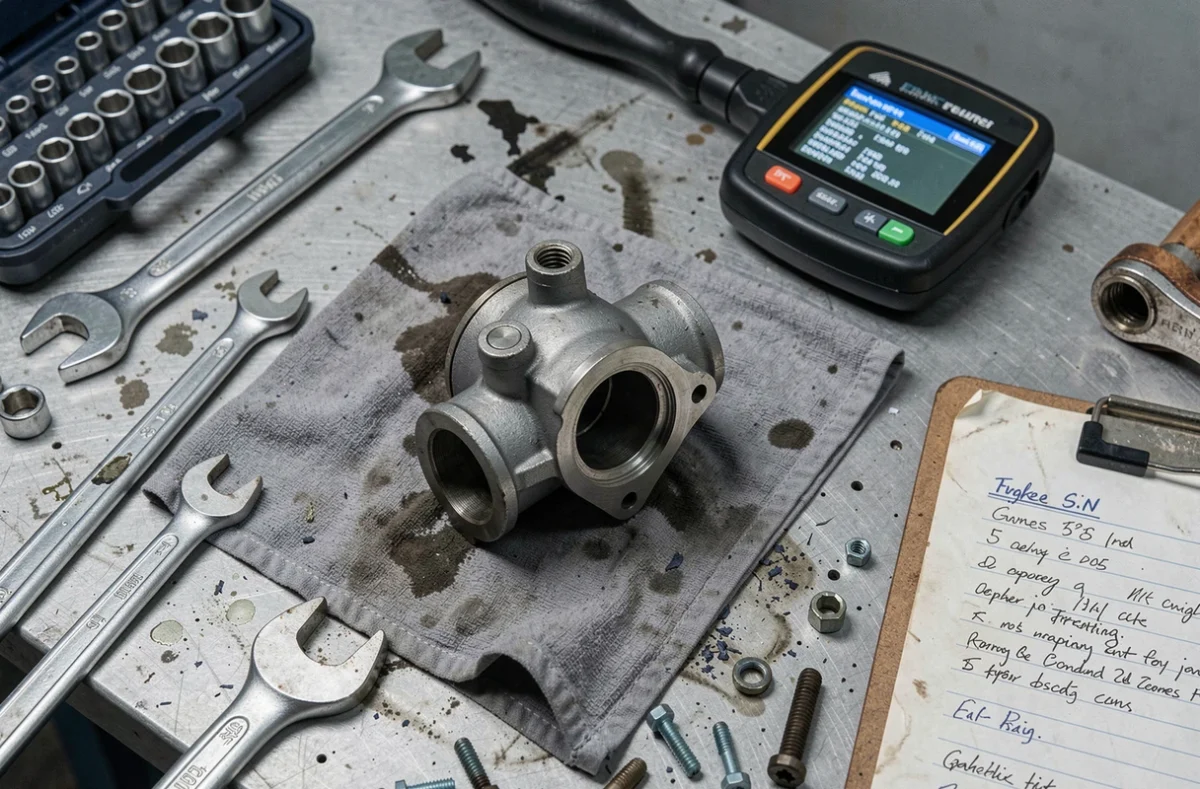 Vanne EGR essence démontée sur un établi avec outils de diagnostic et codes défaut moteur