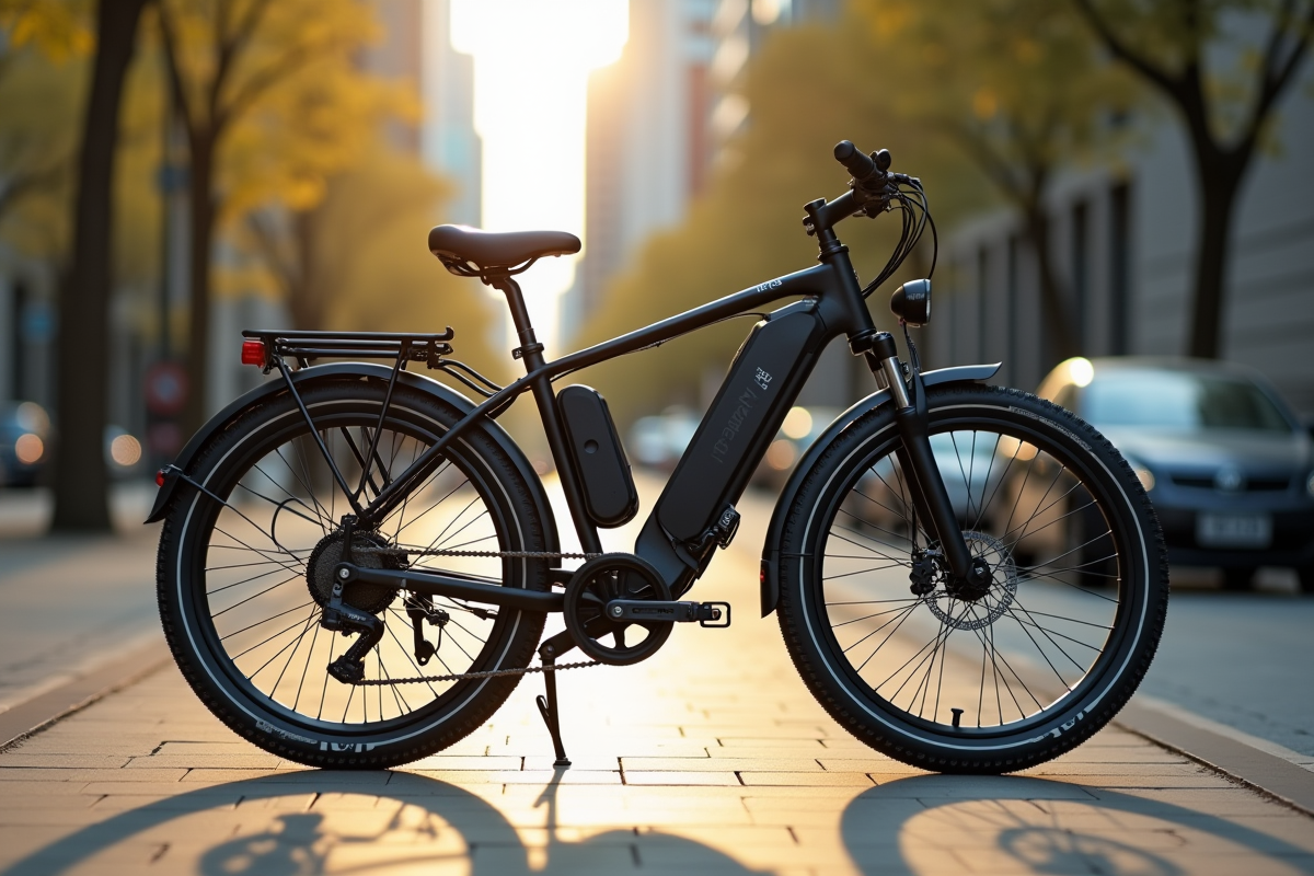 Vélo électrique sur le trottoir avec pompe à air connectée à la roue avant