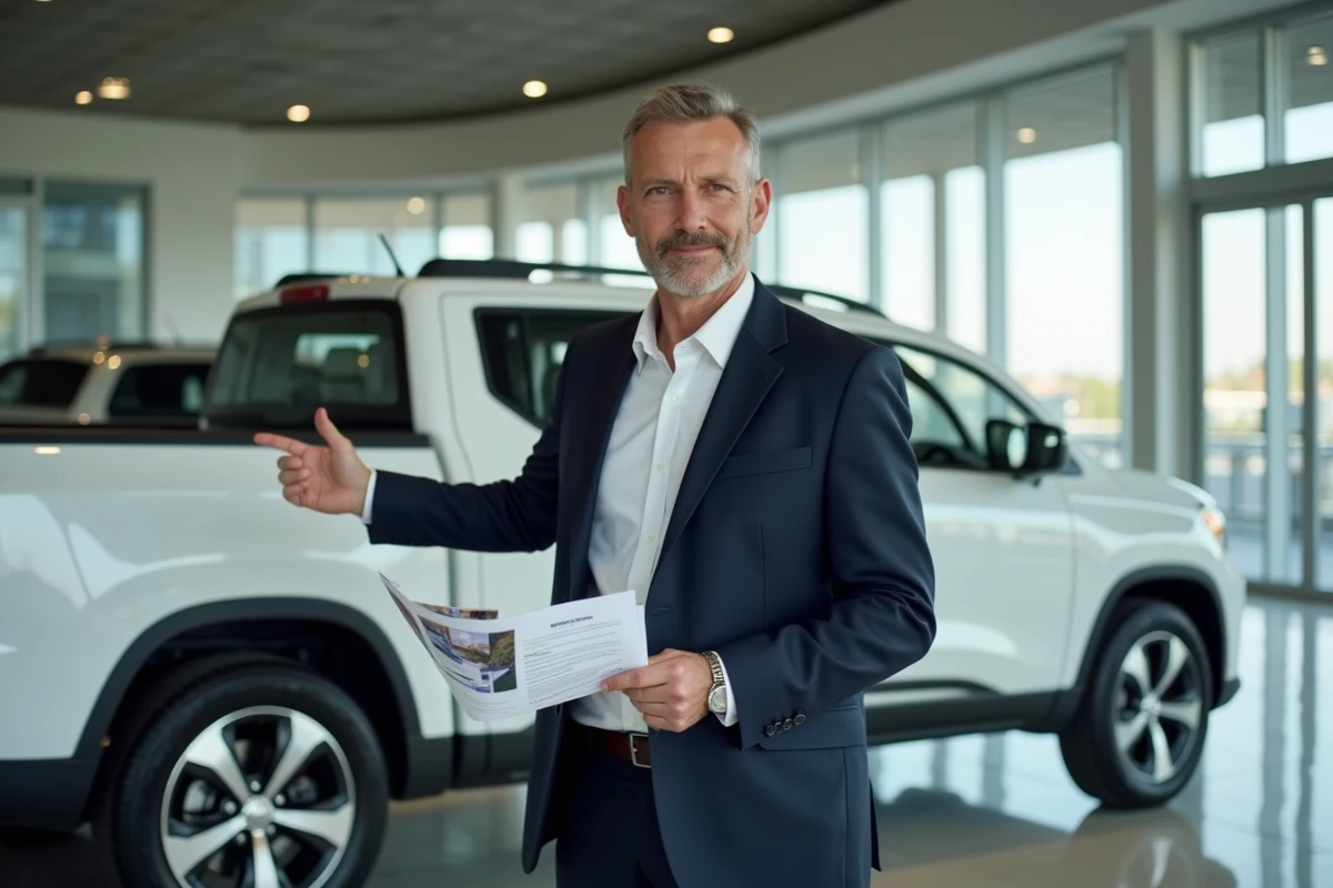 Vendeur automobile présentant un Lada Niva 4x4 blanc neuf dans une concession