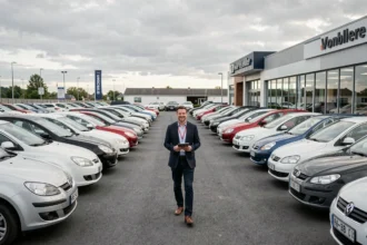 Vue panoramique d'un grand lot de voitures d'occasion en Meurthe-et-Moselle avec un conseiller commercial tenant une tablette