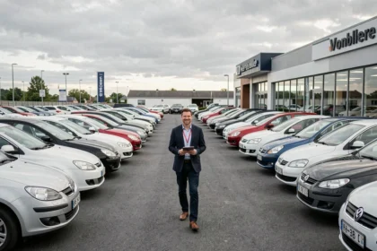 Vue panoramique d'un grand lot de voitures d'occasion en Meurthe-et-Moselle avec un conseiller commercial tenant une tablette