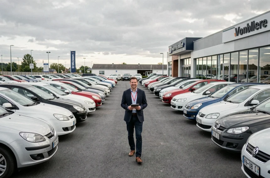 Vue panoramique d'un grand lot de voitures d'occasion en Meurthe-et-Moselle avec un conseiller commercial tenant une tablette