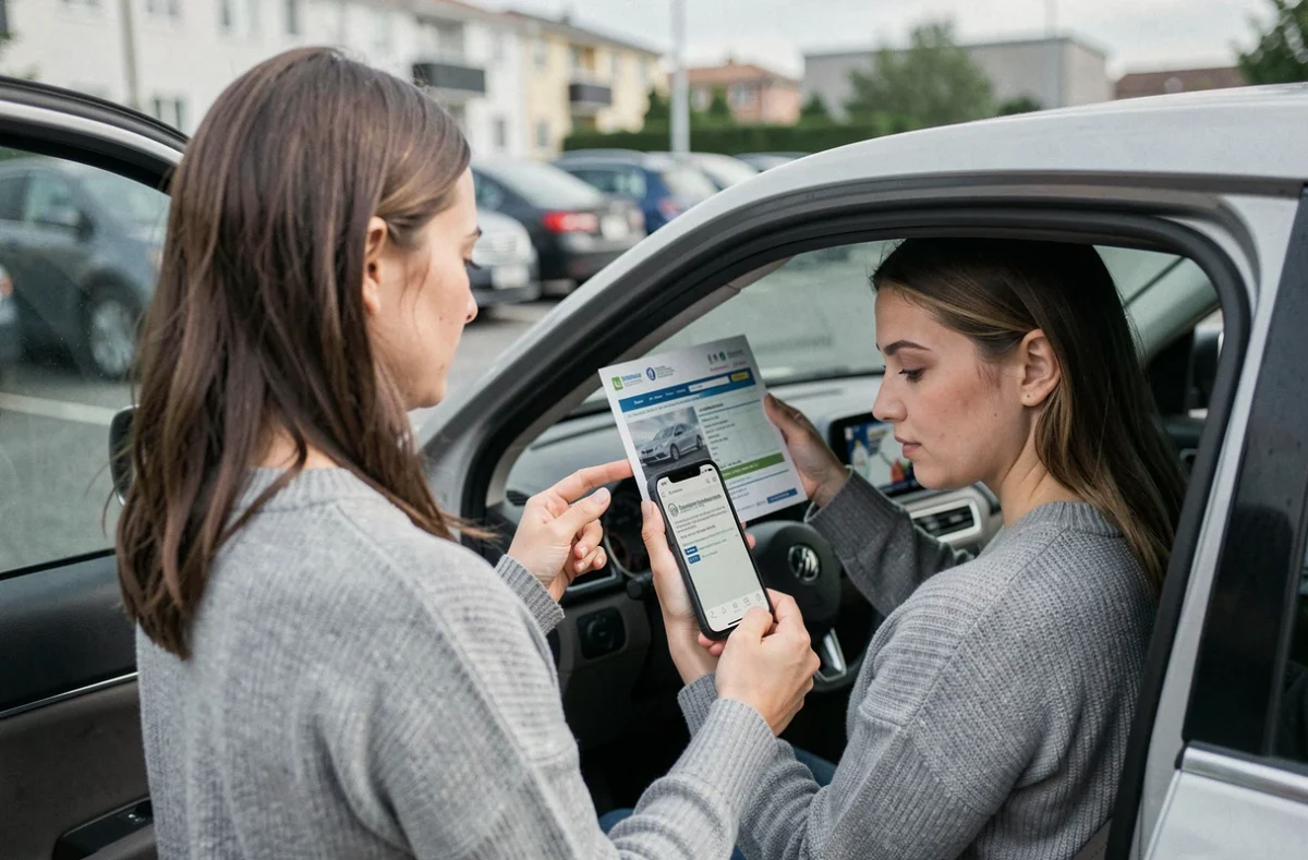 Femme vérifiant sa carte grise depuis son véhicule à l'aide de son smartphone, montrant les vérifications nécessaires avant de valider un dossier en ligne