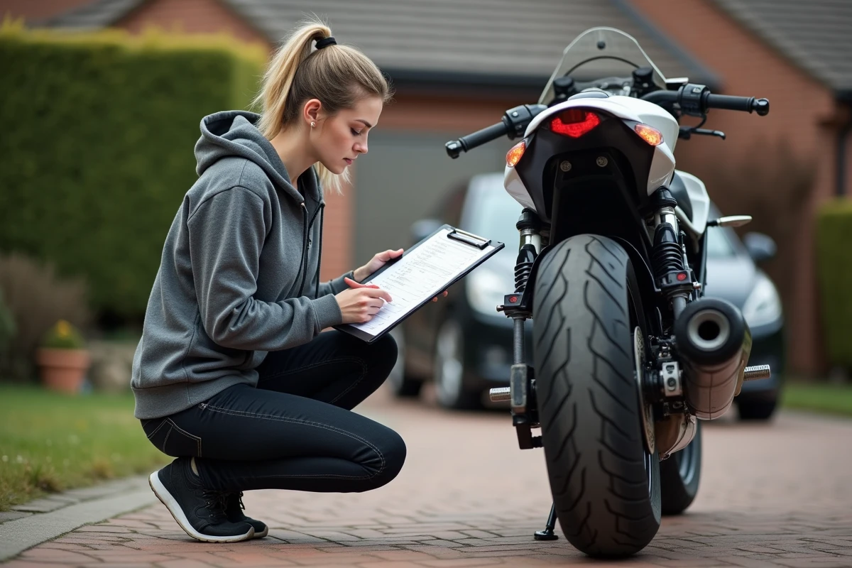 Femme vérifiant l'usure du pneu arrière de sa moto à domicile avec une check-list de contrôle technique