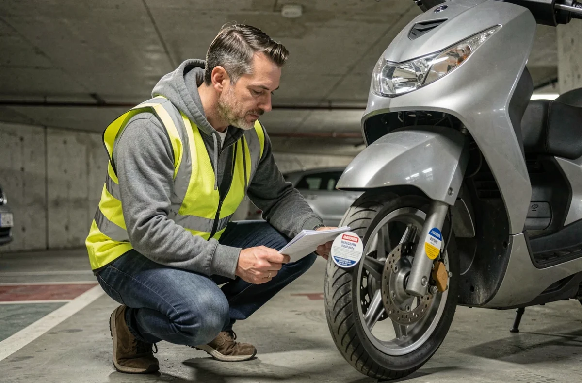 Homme apposant sa vignette d'assurance sur son scooter dans un parking souterrain
