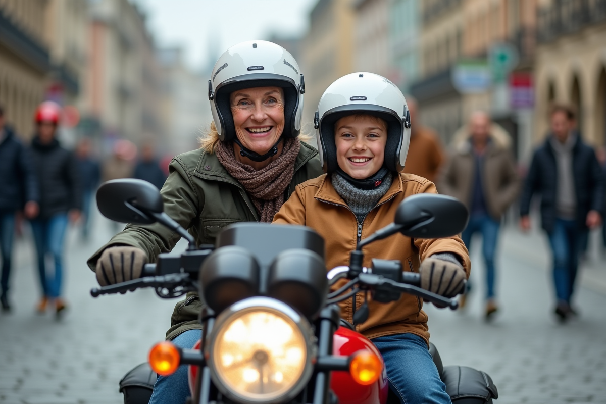 Femme âgée et adolescent en moto dans un sidecar en ville