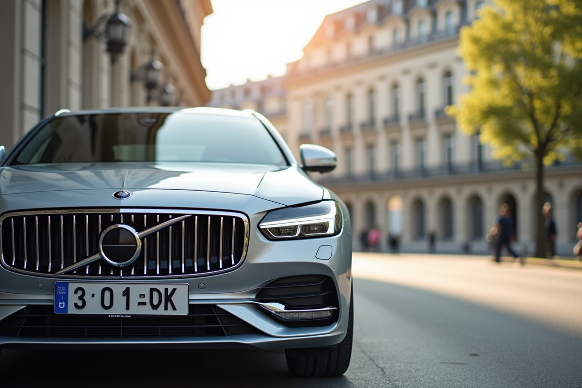 Voiture argentée devant bâtiment administratif français