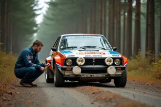 Mécanicien inspectant la suspension d'une voiture de rallye Groupe B lors d'une reconnaissance de spéciale en forêt