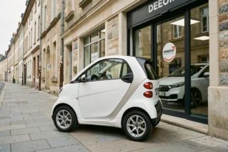 Voiture sans permis compacte garée devant un concessionnaire à Blois avec façade en pierre typique du Val de Loire