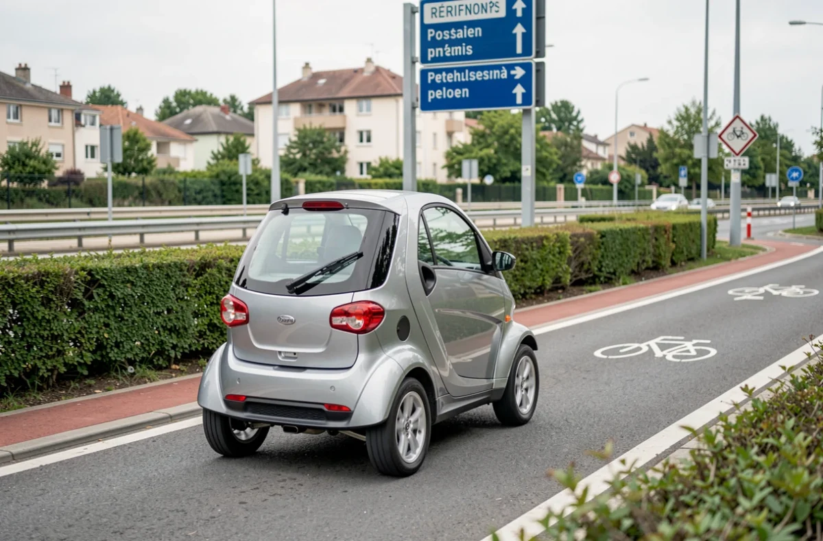 Voiture sans permis électrique en circulation sur une route suburbaine française