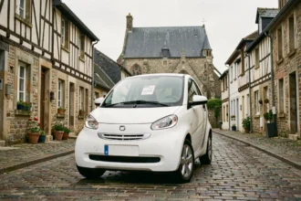 Voiture sans permis d'occasion blanche garée sur une rue pavée en Bretagne avec des façades à colombages en arrière-plan